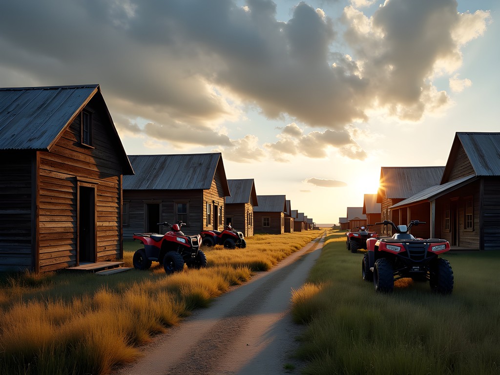 ATVs parked beside weathered wooden buildings of an abandoned ghost town near Williston