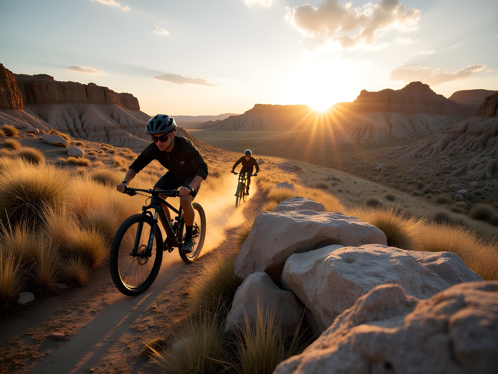 Mountain biker navigating technical singletrack trail through the badlands near Williston