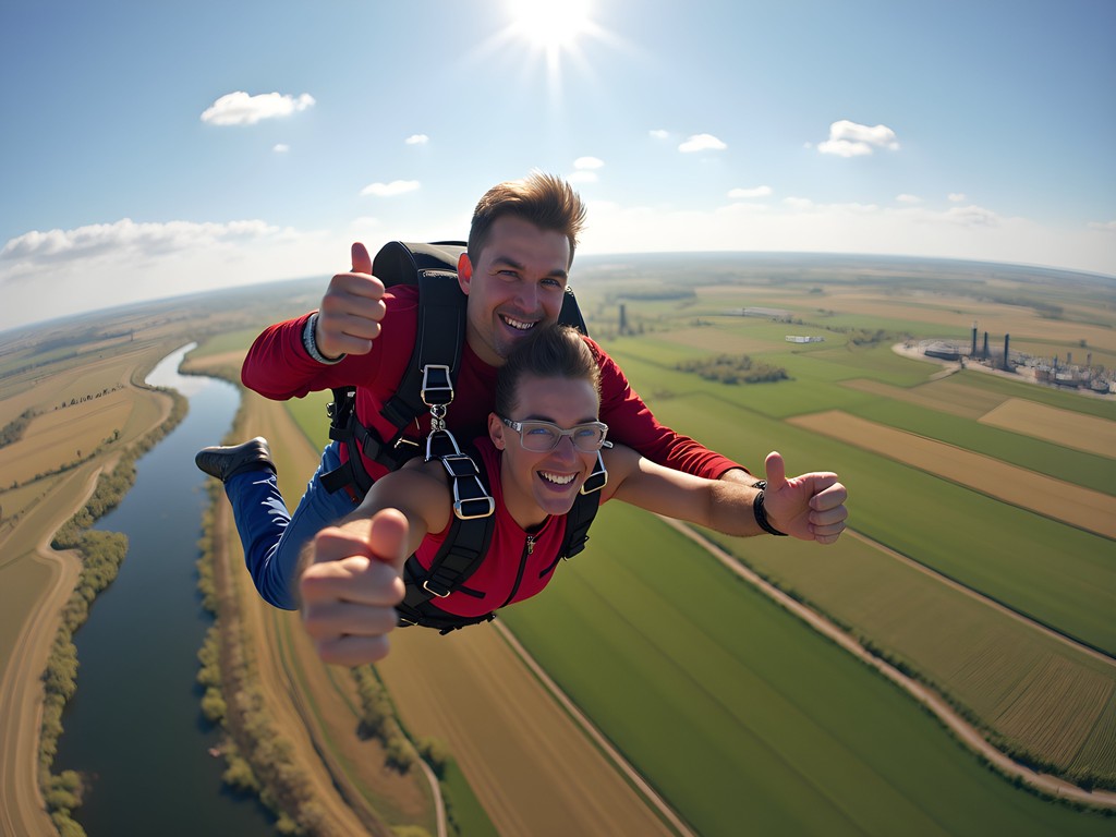 Tandem skydivers floating above Williston North Dakota landscape with Missouri River visible