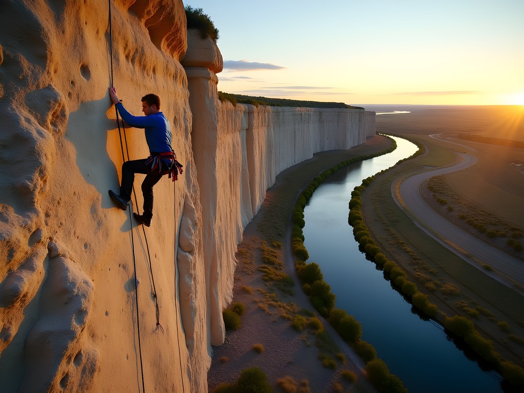 Rock climbers scaling the dramatic White Cliffs sandstone formations near Williston, North Dakota