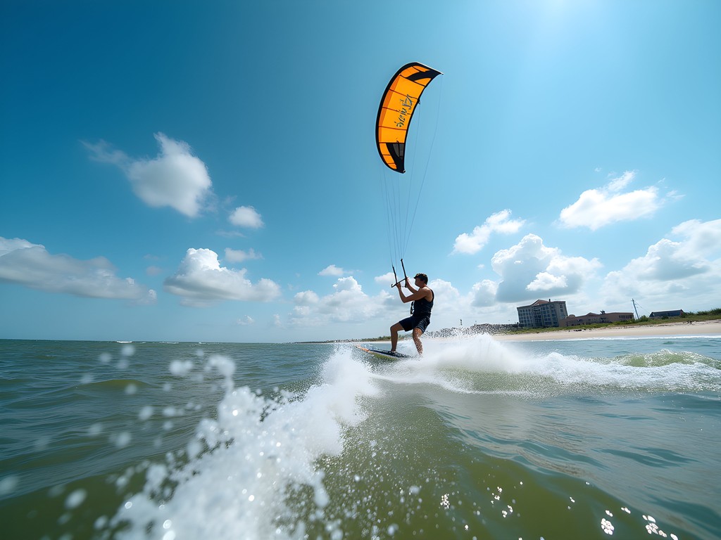 Kiteboarder gliding across blue waters with Fort Fisher in background