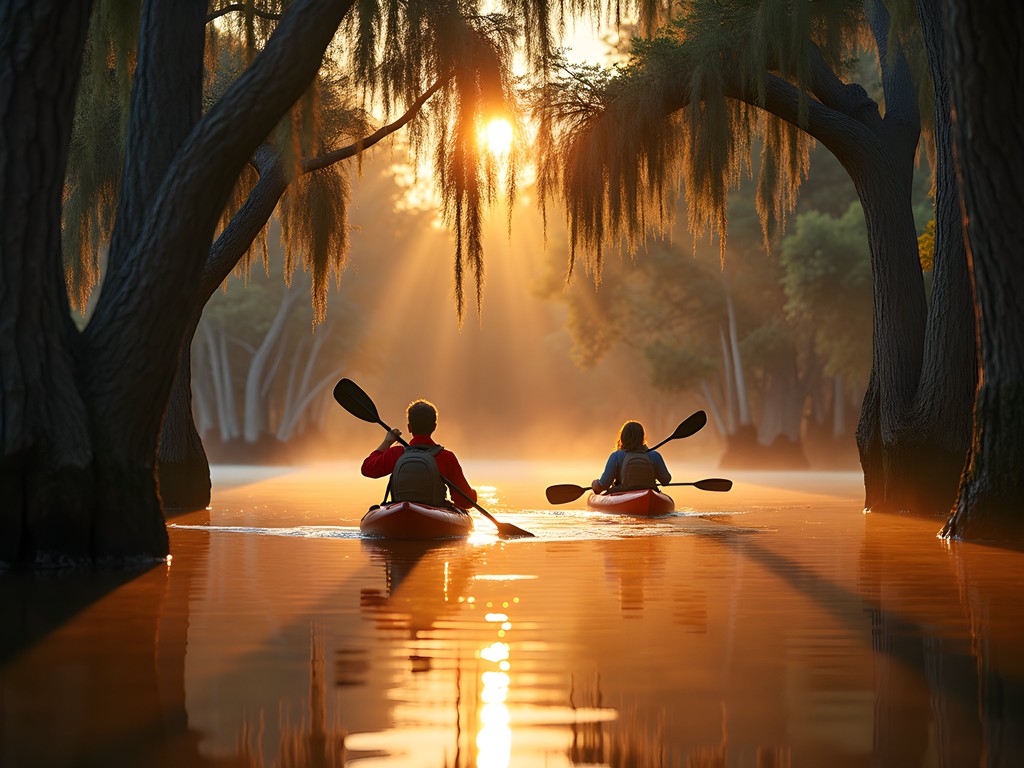Kayakers navigating through misty cypress swamps at sunrise in Wilmington