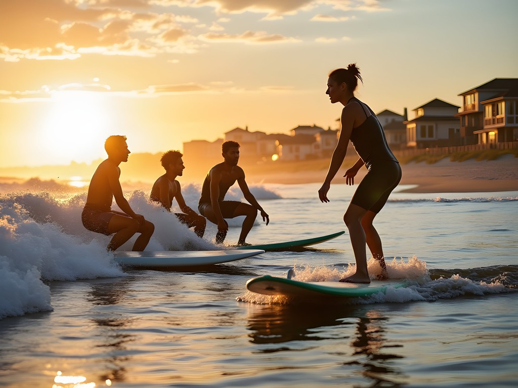 Beginner surfers learning to ride waves at Wrightsville Beach during golden hour