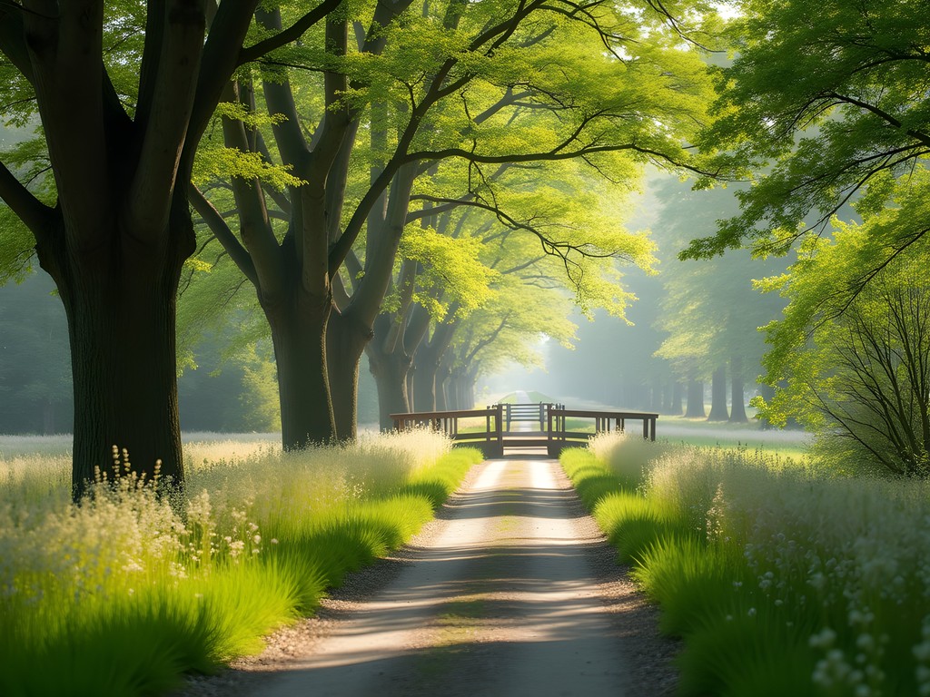 Cycling path through lush green Palingbeek nature reserve with spring wildflowers