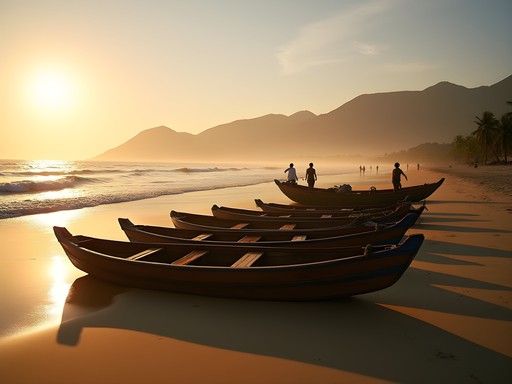 Traditional wooden fishing boats on the golden sand of Playa Majahua at sunrise