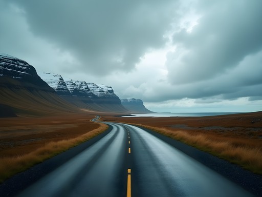 Winding Ring Road along Northern Iceland's dramatic coastline with mountains in background