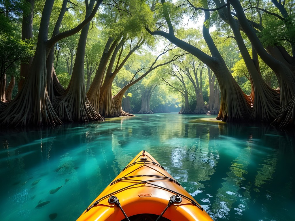 Kayaker paddling through crystal clear Blue Hole Springs with cypress trees overhead