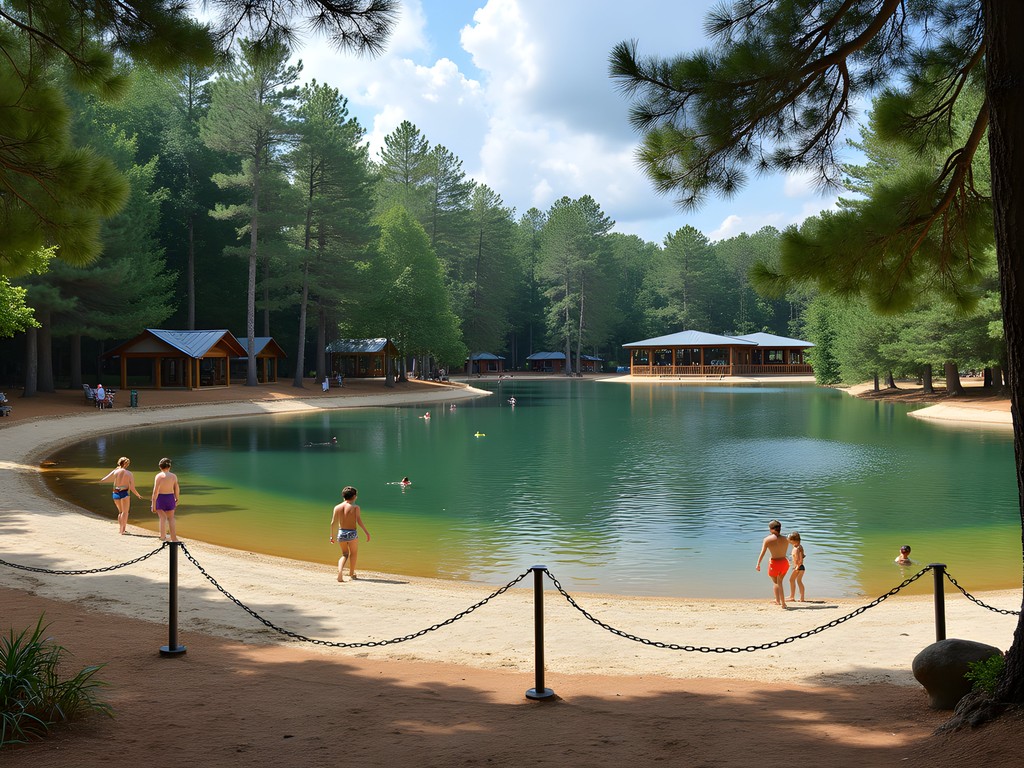 Family-friendly swimming area at Chehaw Park lake with sandy beach and pavilions