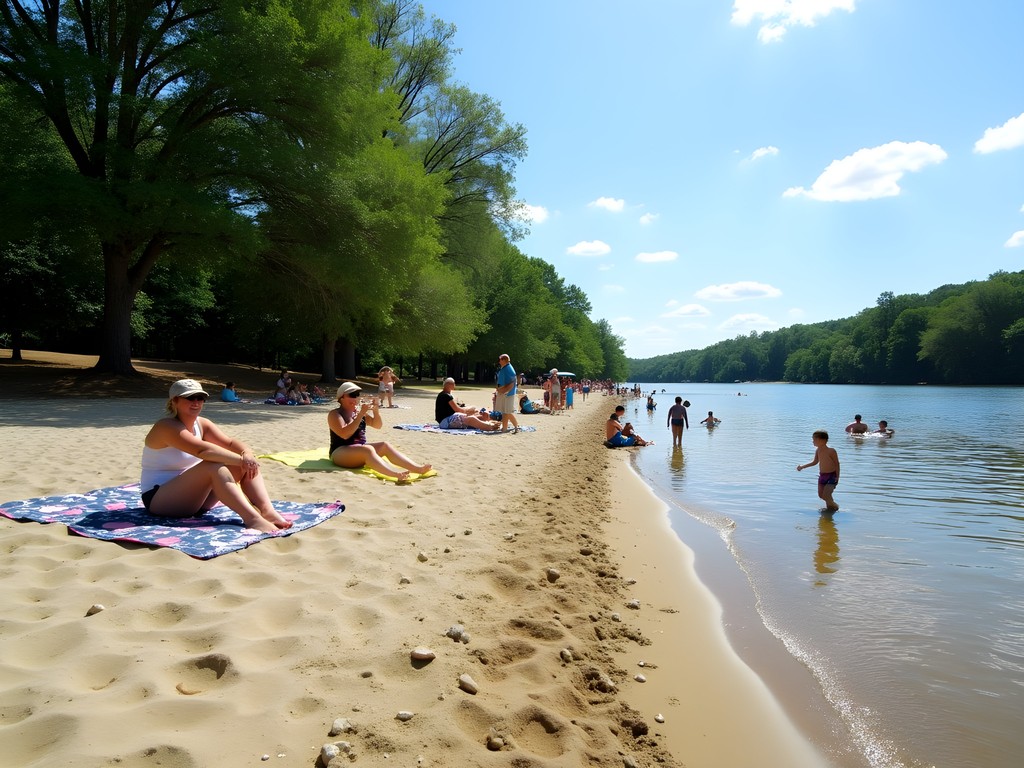Sandy beach along Flint River in Albany with families enjoying summer day