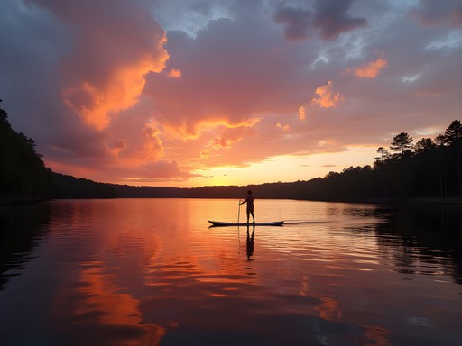 Silhouette of paddleboarder on Lake Chehaw against dramatic orange and pink sunset