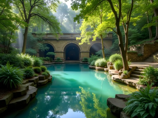 Peaceful blue-green waters of Radium Springs Gardens with stone terraces and lush vegetation