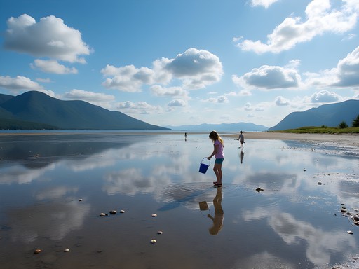 Children exploring tide pools at Hadley Point Beach during low tide with mountains in background