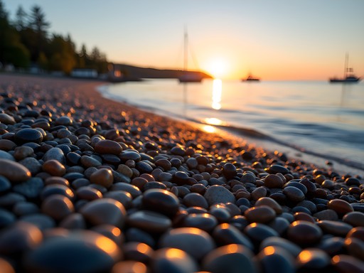 Sunrise illuminating the smooth stones of Hulls Cove Beach with Bar Harbor in distance