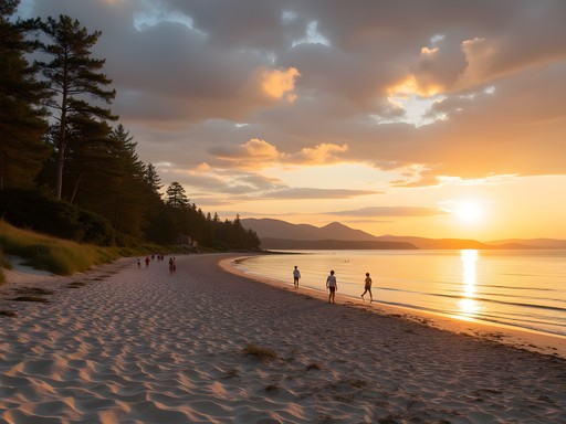 Families enjoying sunset at Lamoine State Park beach with Acadia mountains in background
