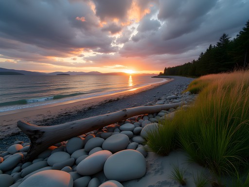 Wild, undeveloped Marlboro Beach at sunset with driftwood and distant mountains