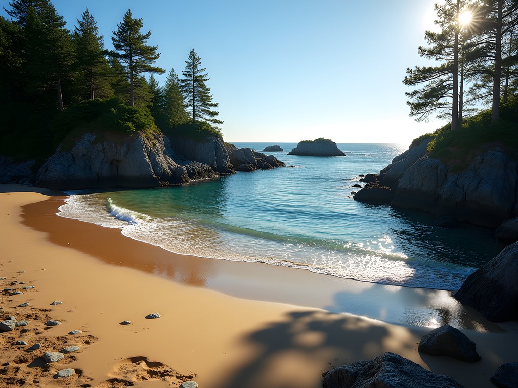 Seal Harbor Beach at morning low tide with exposed tide pools and few visitors