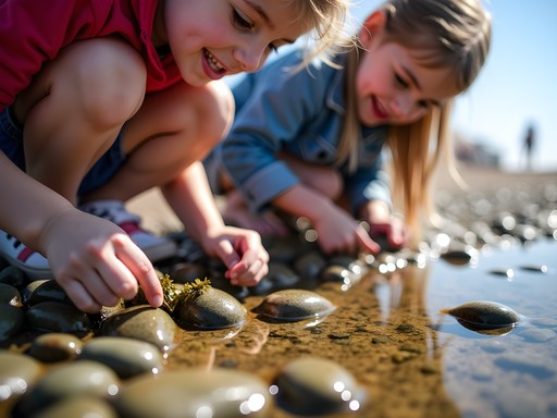 Children exploring tide pools at low tide on Brighton Beach