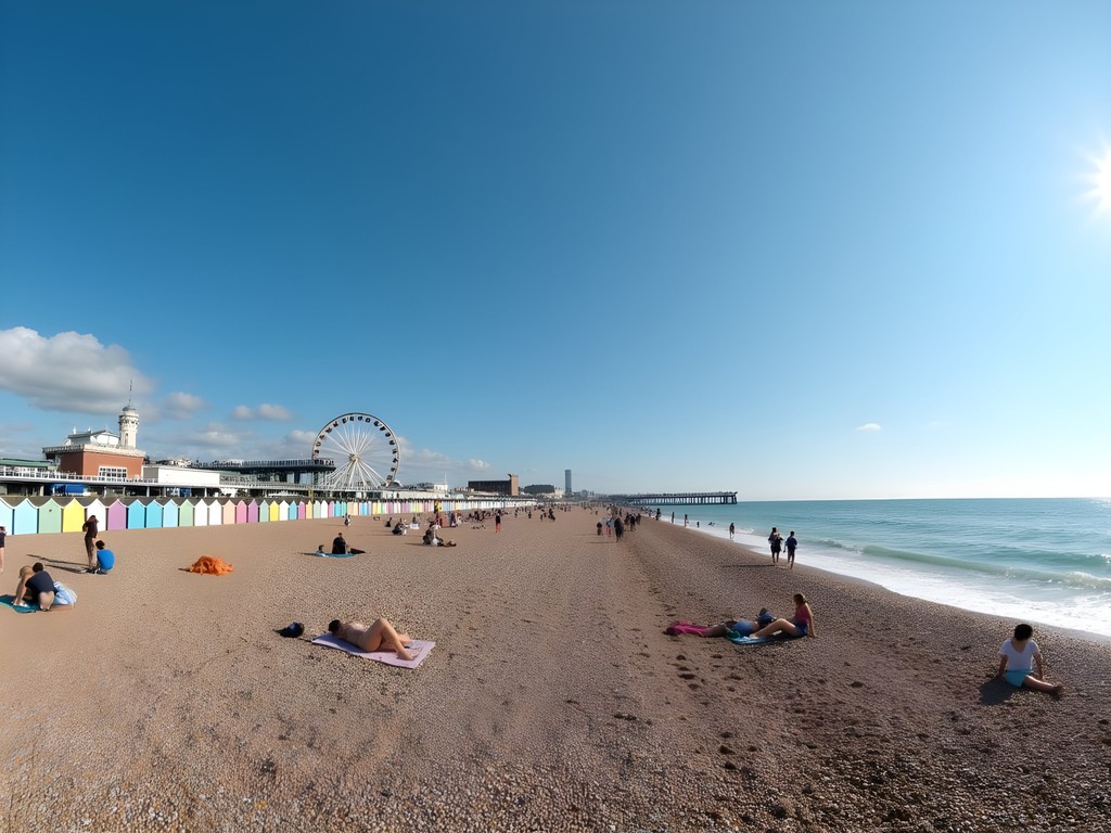Panoramic view of Brighton Beach showing colorful beach huts and both piers