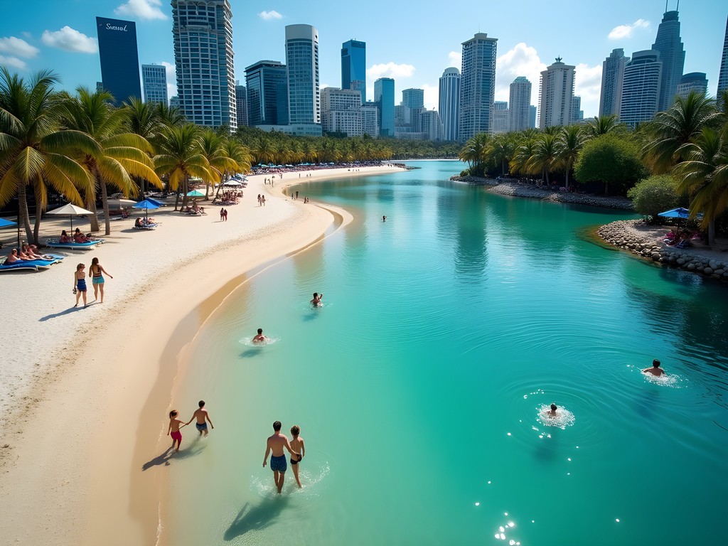 Aerial view of Streets Beach in Brisbane's South Bank with city skyline