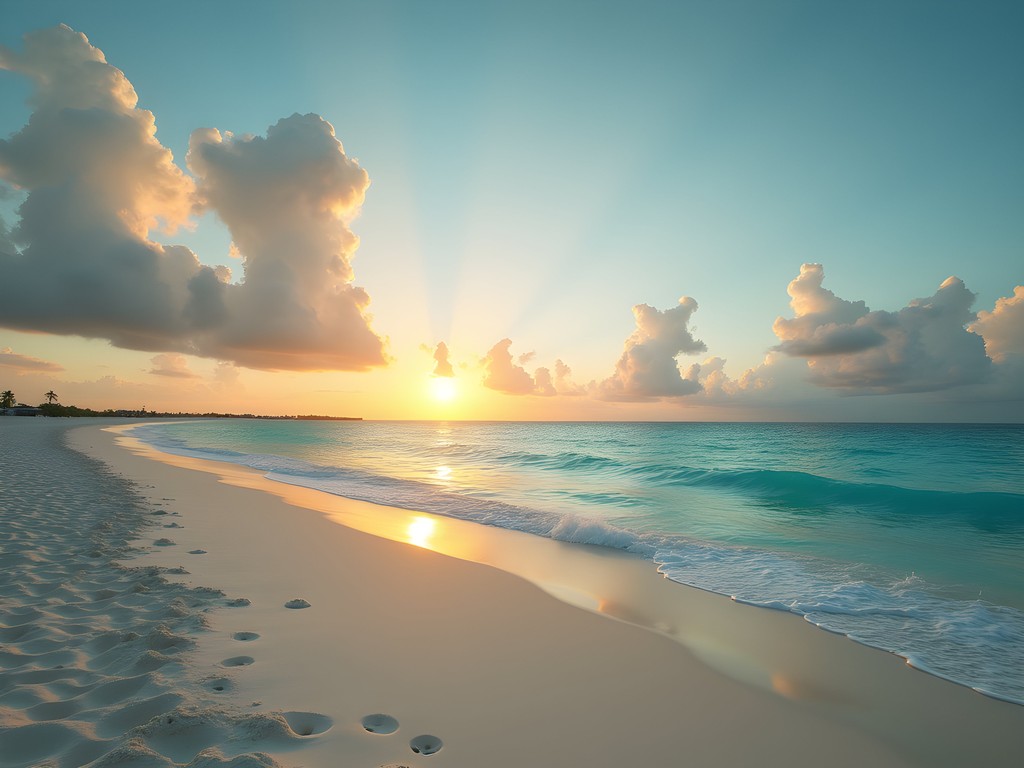 Empty morning beach at Playa Delfines with panoramic Caribbean Sea views