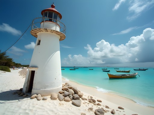 Leaning lighthouse and quiet beach at Puerto Morelos fishing village near Cancun
