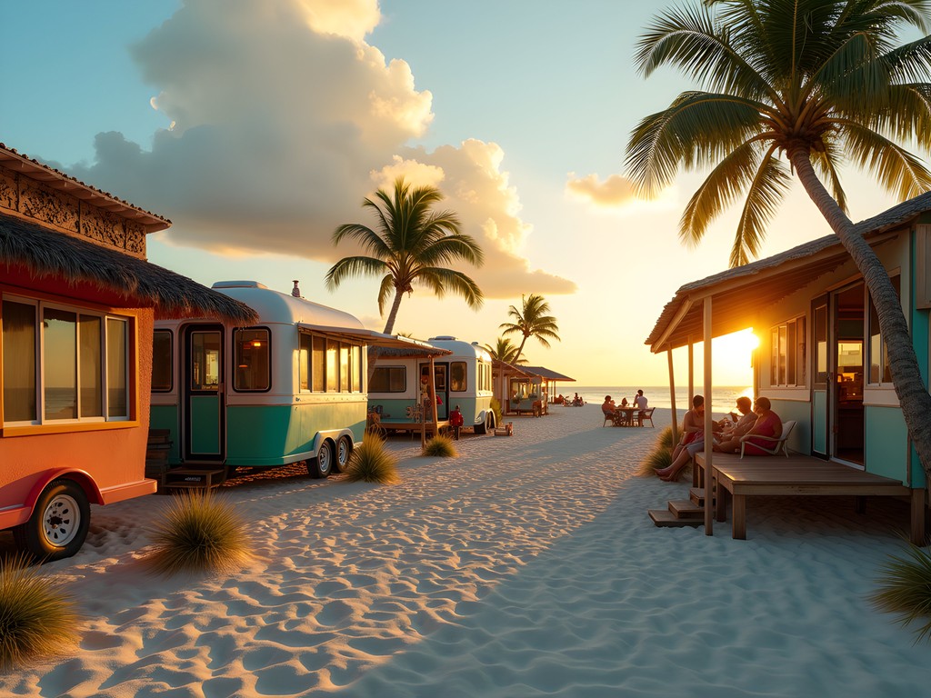 Colorful expat homes along Paamul beach at sunset with RVs converted to permanent structures