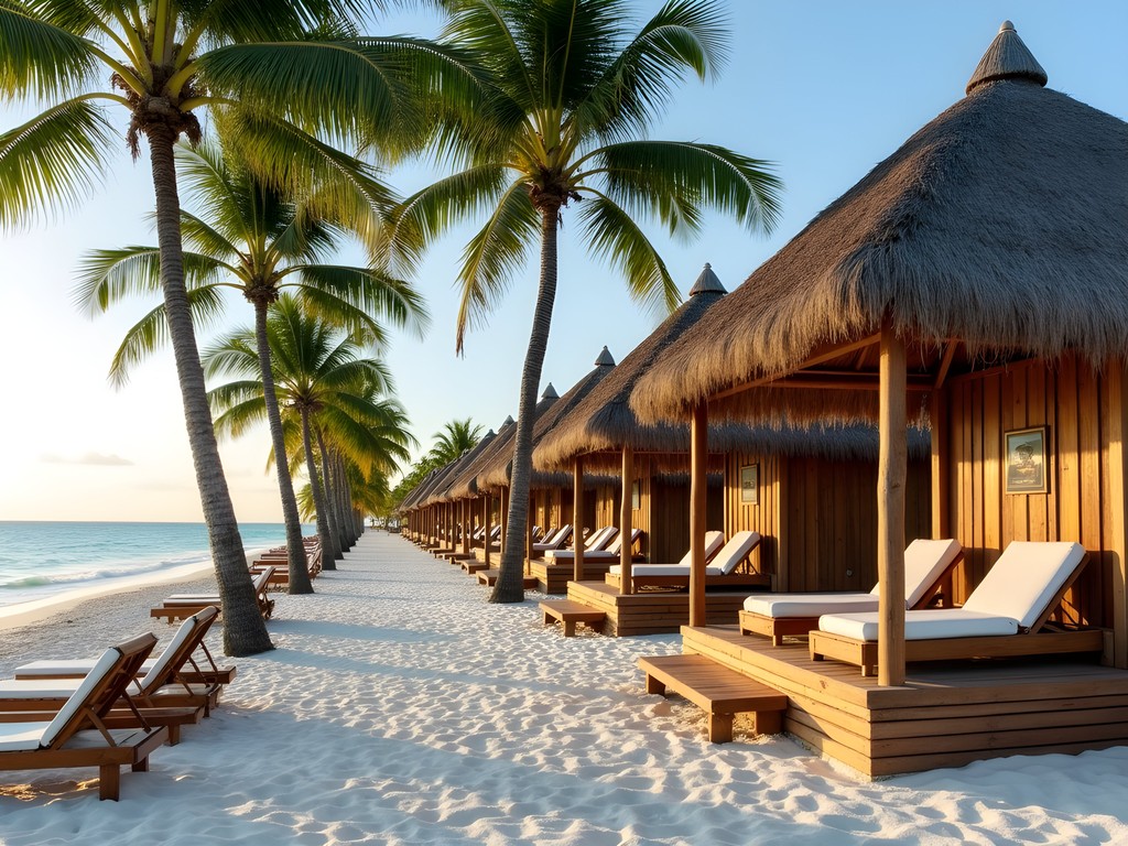 Rustic beach cabanas along the undeveloped shoreline of Punta Bete