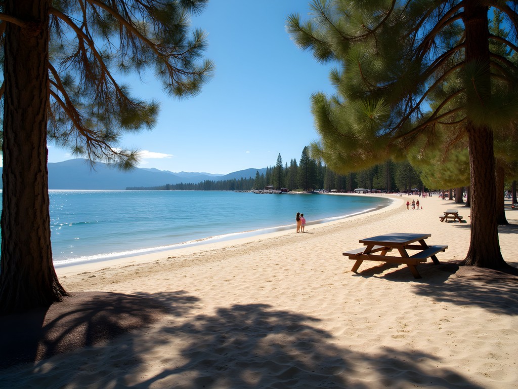 Wide sandy shoreline of Nevada Beach with mountain views across Lake Tahoe