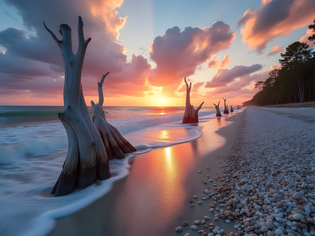 Sunrise at Botany Bay Plantation beach with weathered trees and shells