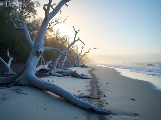 Driftwood and bleached trees on Capers Island Boneyard Beach at dawn