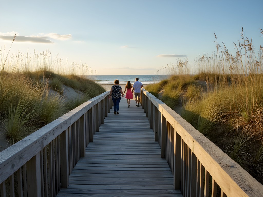 Family enjoying sunset at Kiawah Beachwalker Park with boardwalk and dunes