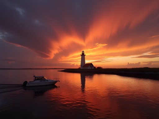 Morris Island lighthouse at sunset with boat silhouette