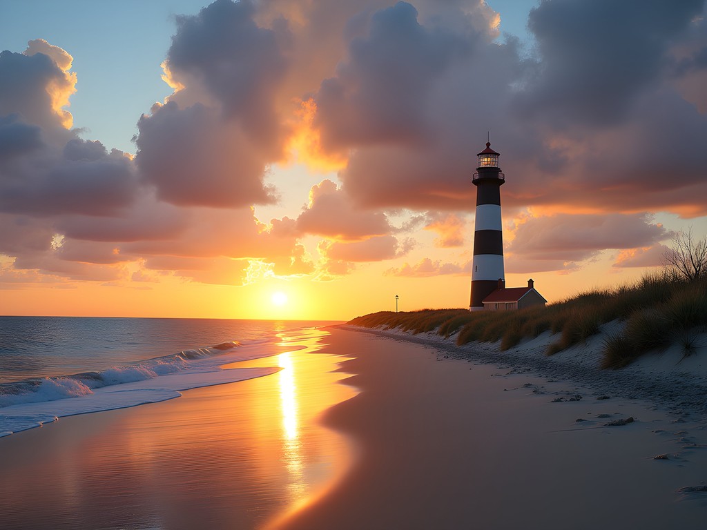 Sullivan's Island lighthouse at sunset with family silhouettes on beach