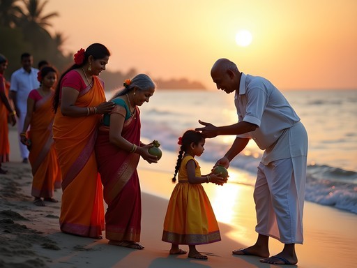 Tamil family performing traditional sunset prayer ritual at Chennai beach