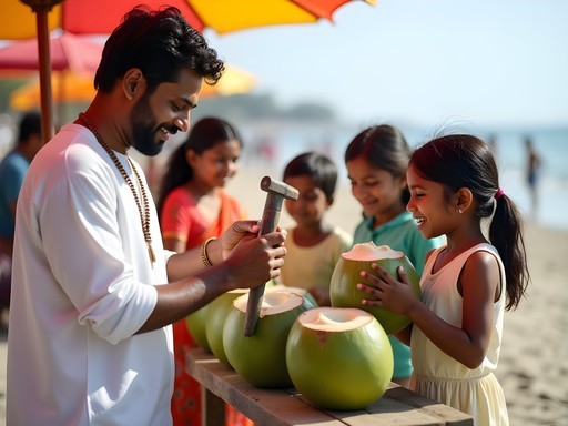 Family enjoying fresh coconut water from beach vendor in Chennai