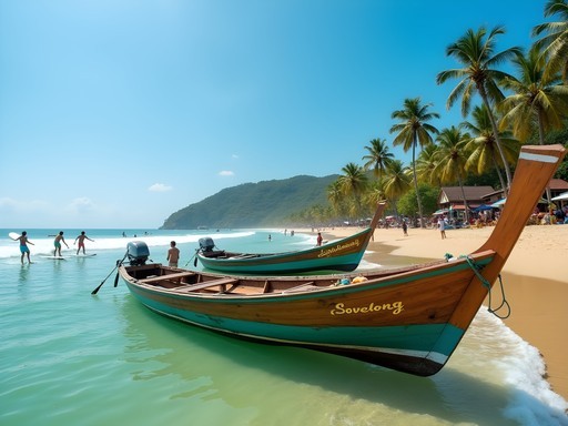 Traditional fishing boats with surfing lesson in background at Covelong Beach near Chennai