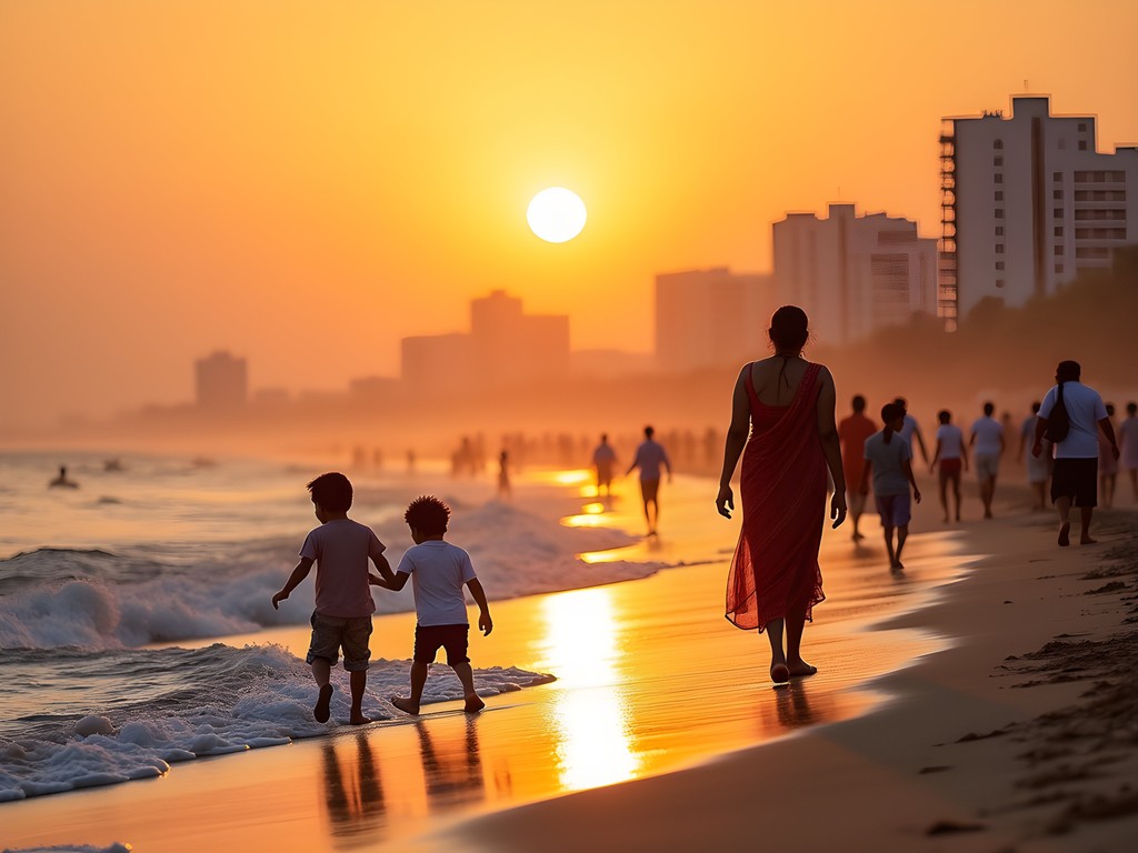 Families enjoying sunset at Elliot's Beach Chennai with Karl Schmidt Memorial
