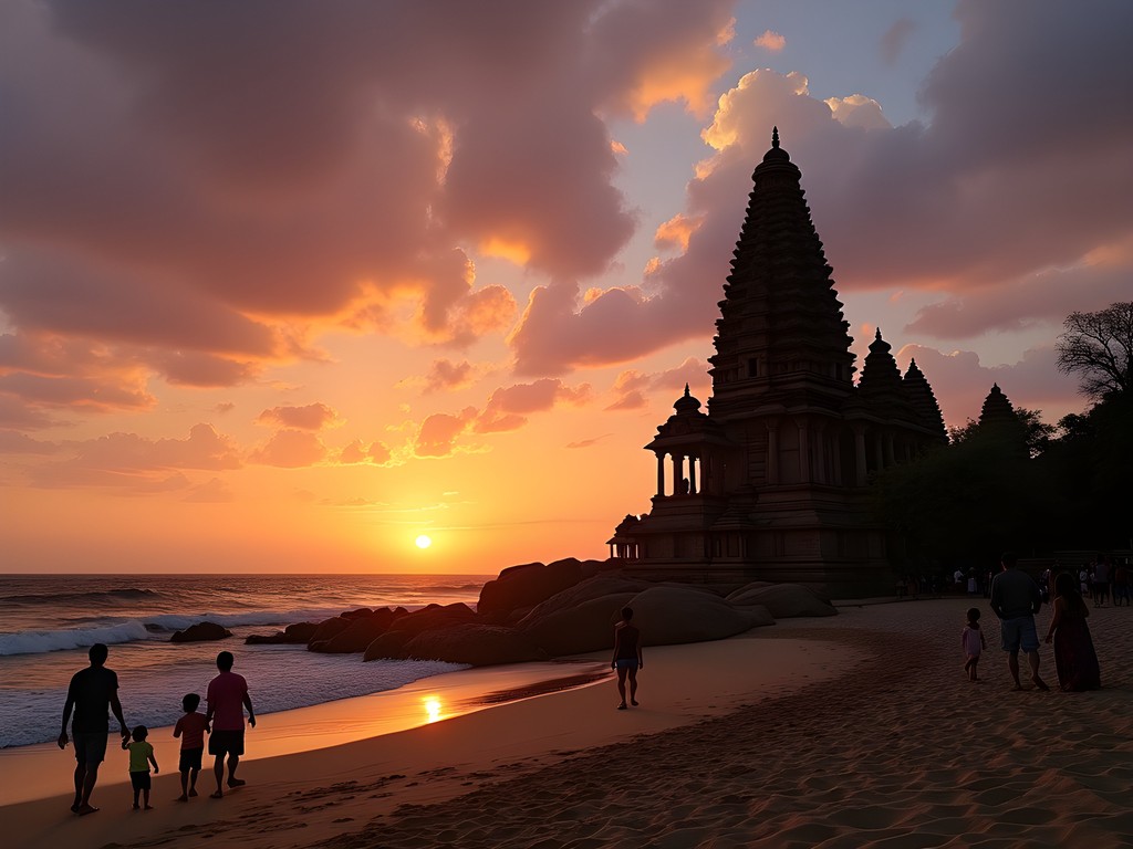 Shore Temple silhouette against sunset with families on adjacent beach in Mahabalipuram