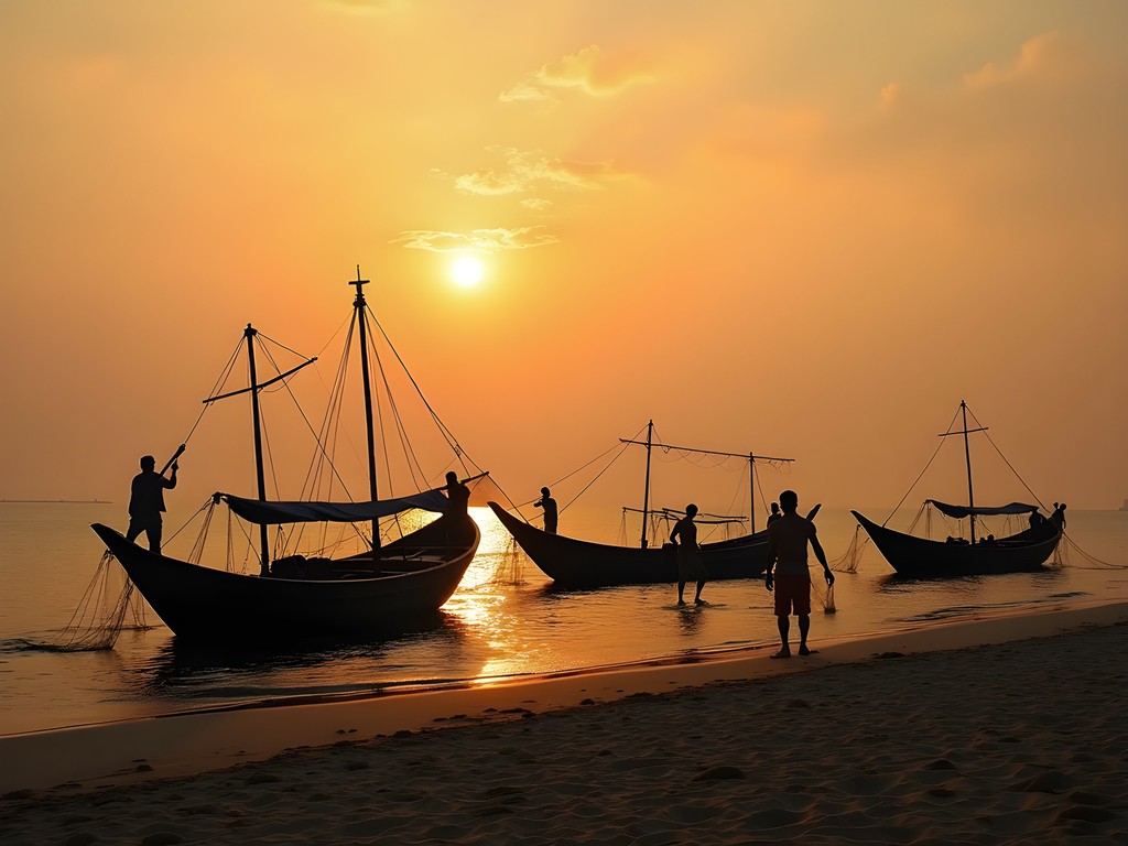 Fishermen with traditional catamarans at sunrise on Marina Beach Chennai