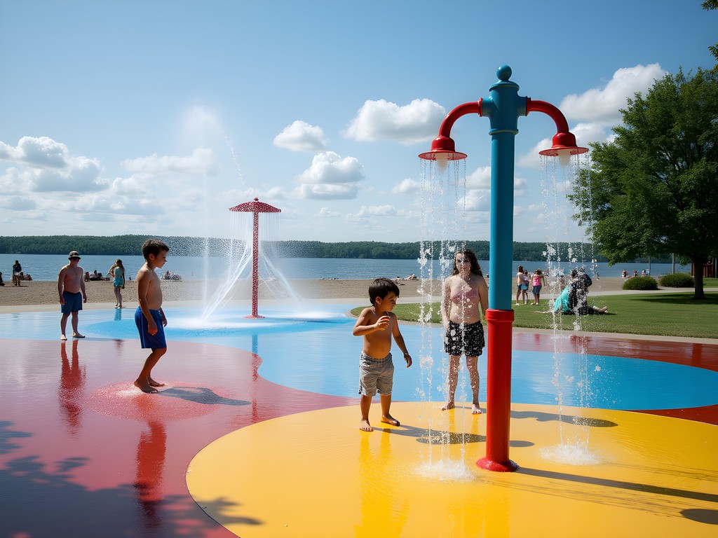Children playing at Airport Park Beach splash pad with Lake Champlain visible in background