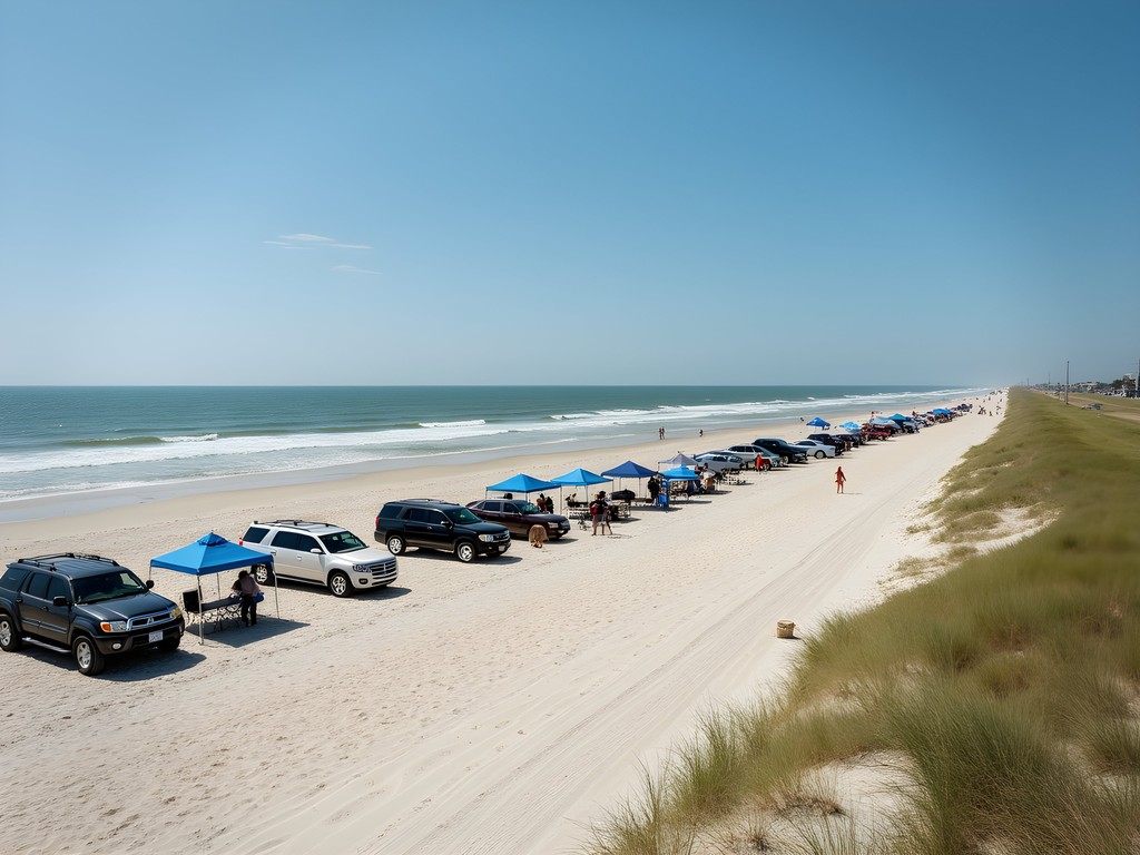 Local families enjoying J.P. Luby Beach with trucks parked on sand