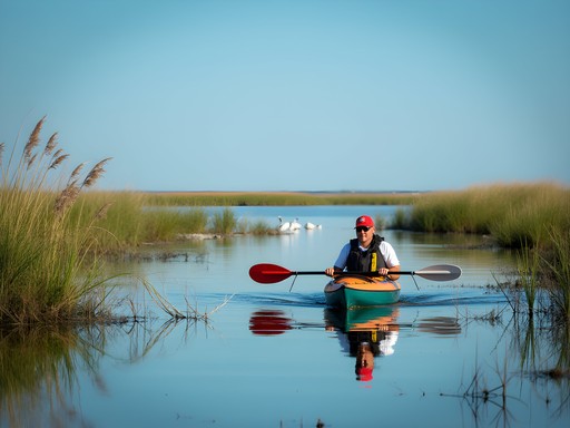 Kayaker on Mustang Island State Park Paddling Trail with coastal birds
