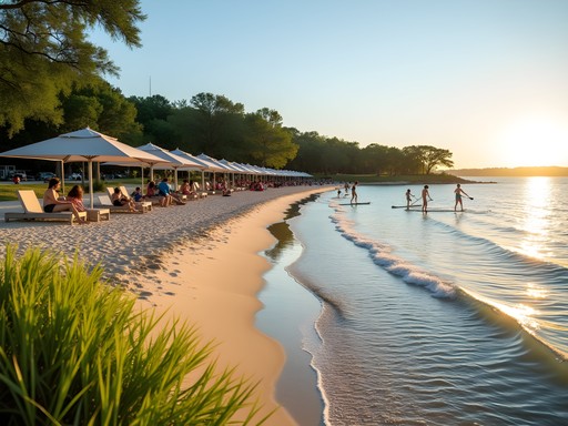 Sandy beach at Hidden Cove Park Lake Lewisville with clear water and families swimming