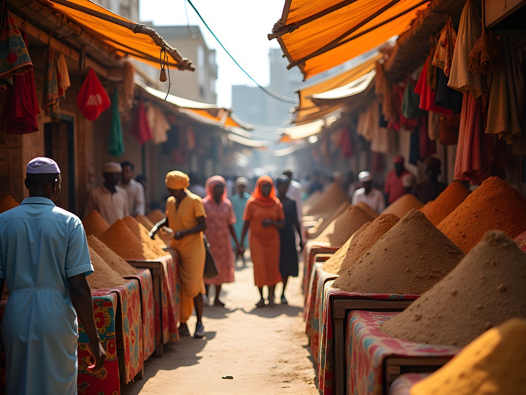 Colorful market stalls in Djibouti City with local vendors and spice displays