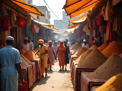 Colorful market stalls in Djibouti City with local vendors and spice displays