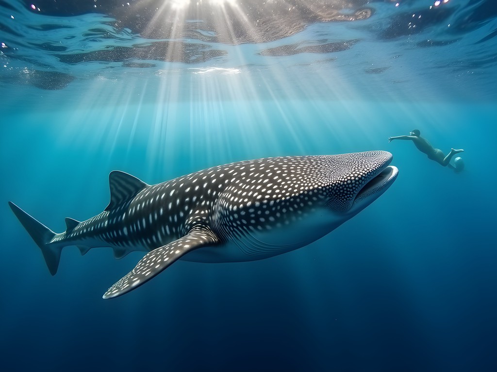 Snorkeler observing massive whale shark in clear blue waters off Djibouti coast