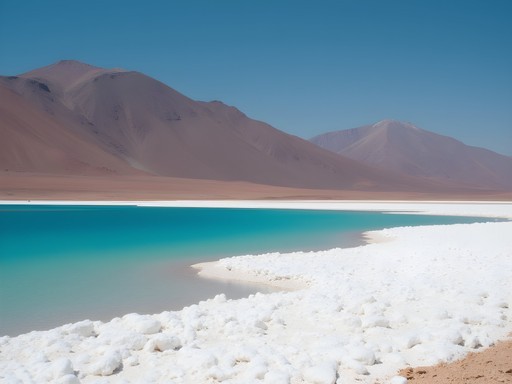 Dramatic landscape of white salt flats meeting turquoise waters at Lake Assal