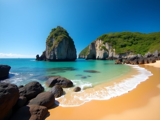 Baía dos Porcos beach with Dois Irmãos rock formation and natural pools