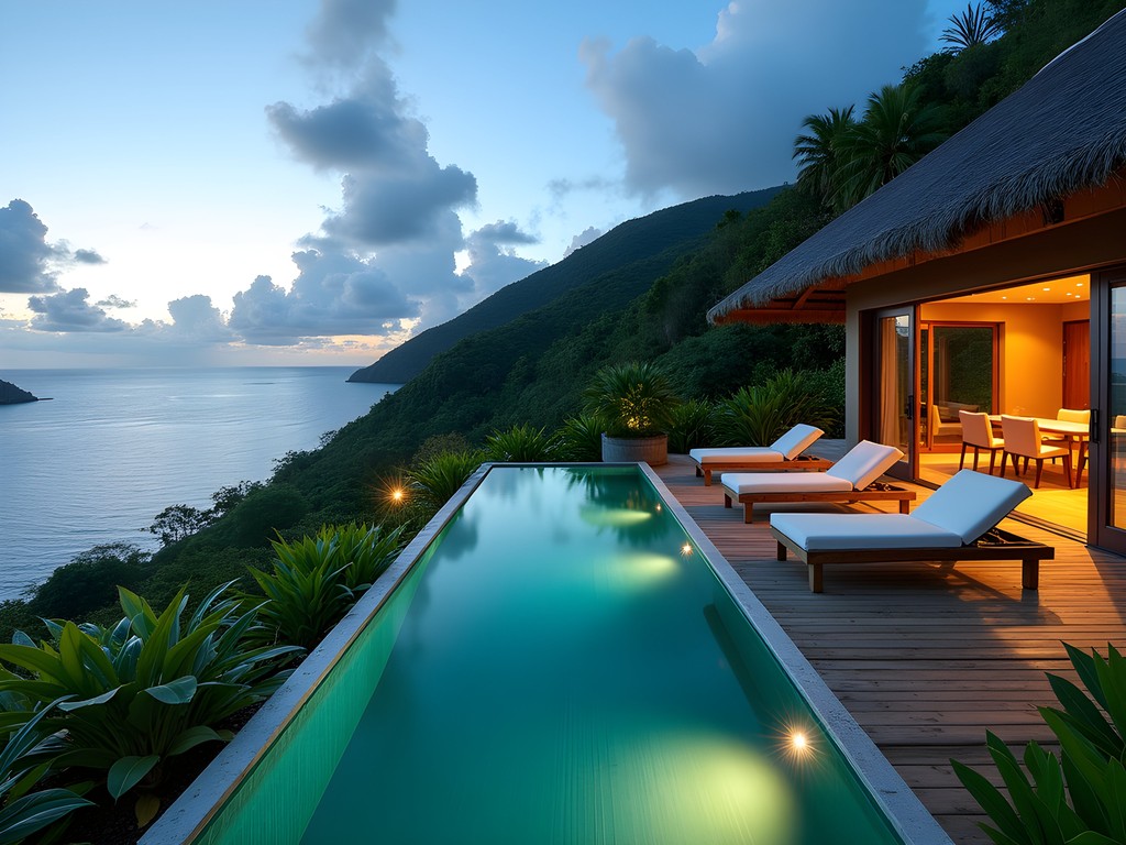 Luxury accommodation infinity pool overlooking Fernando de Noronha's coastline