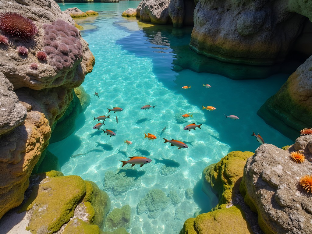 Natural tide pools at Praia de Atalaia with diverse marine life
